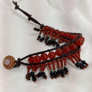 Woven Bracelet with Carnelian Beads, Brown and Black Beads, Antique Button